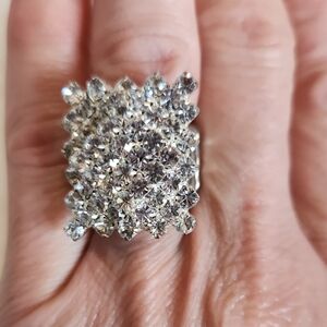 Vintage Rhinestone Cluster Statement Ring With Stretchable Silver Band